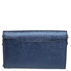 Pre Owned Coach Metallic Blue Leather Flap Chain Clutch