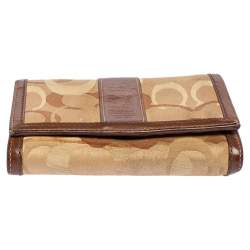 Coach Beige/Brown Signature Canvas and Leather Compact Wallet