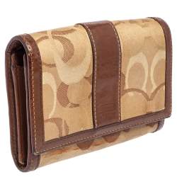 Coach Beige/Brown Signature Canvas and Leather Compact Wallet