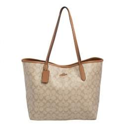 Pre Owned Coach Beige/Brown Signature Canvas and Leather City Tote