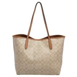 Pre Owned Coach Beige/Brown Signature Canvas and Leather City Tote
