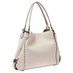 Pre Owned Coach Beige Signature Embossed Leather Edie 31 Shoulder Bag