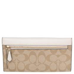 Pre Owned محفظة كوتش كانفاس بالشعار وجلد بيج/كريمي ثلاثية الطية 