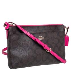 مملوكة مسبقًا Coach Brown/Pink Signature Coated Canvas and Leather Crossbody Bag