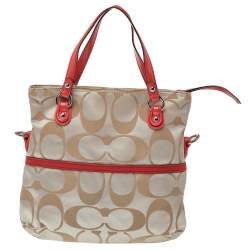 مملوكة مسبقًا Coach Red/Beige Signature Canvas Poppy Glam Tote
