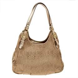 Pre Owned Coach Beige/Gold Signature Canvas And Leather Maggie Madison Gathered Hobo