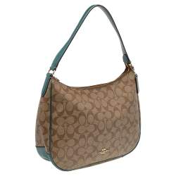 Coach Brown/Green Signature Coated Canvas and Leather Zip Hobo