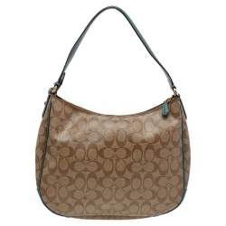 Coach Brown/Green Signature Coated Canvas and Leather Zip Hobo