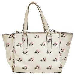 Pre Owned Coach Cream Floral Printed Leather Crosby Tote