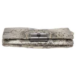Coach Metallic Silver/Black Python Embossed Leather Flap Clutch