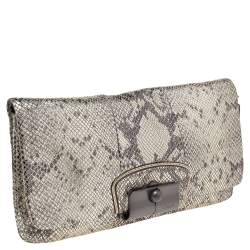 Coach Metallic Silver/Black Python Embossed Leather Flap Clutch