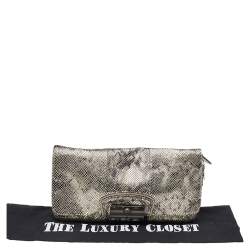 Coach Metallic Silver/Black Python Embossed Leather Flap Clutch