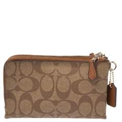 Pre Owned Coach Beige Signature Coated Canvas and Leather Double Zip Wristlet Pouch