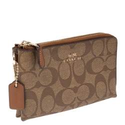 Pre Owned Coach Beige Signature Coated Canvas and Leather Double Zip Wristlet Pouch