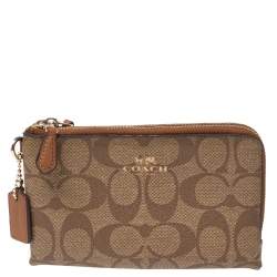 Pre Owned Coach Beige Signature Coated Canvas and Leather Double Zip Wristlet Pouch