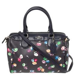 Pre Owned Coach Navy Blue/Black Floral Print Coated Canvas and Leather Mini Bennett Satchel