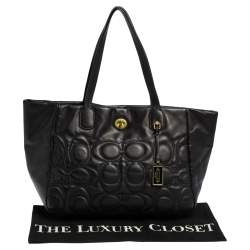 Pre Owned Coach Black Monogram Leather Turnlock Tote