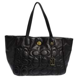 Pre Owned Coach Black Monogram Leather Turnlock Tote