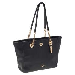Pre Owned Coach Black Leather Turnlock Chain Tote