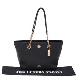 Pre Owned Coach Black Leather Turnlock Chain Tote