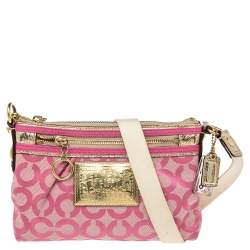 Pre Owned Coach Pink/Gold Signature Canvas and Leather Shoulder Bag