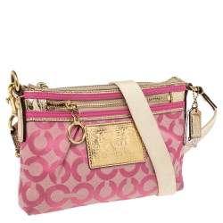 Pre Owned Coach Pink/Gold Signature Canvas and Leather Shoulder Bag