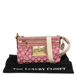 Pre Owned Coach Pink/Gold Signature Canvas and Leather Shoulder Bag