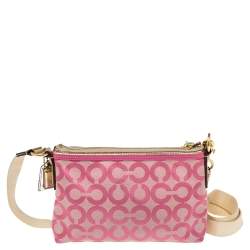Pre Owned Coach Pink/Gold Signature Canvas and Leather Shoulder Bag