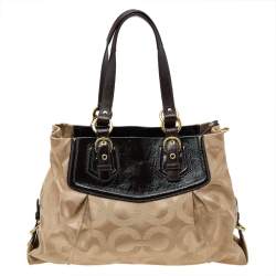 Coach Beige/Brown Signature Canvas And Patent Leather Madison Audrey Satchel