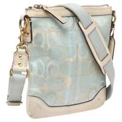 Pre Owned Coach Blue/White Signature Canvas and Leather Crossbody Bag