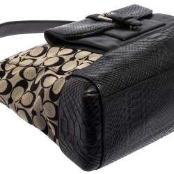 Pre Owned حقيبة هوبو كوتش كانفاس بالشعار وجلد نقشة الثعبان بيج/أسود