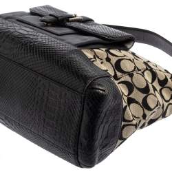 Pre Owned حقيبة هوبو كوتش كانفاس بالشعار وجلد نقشة الثعبان بيج/أسود