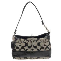 Coach Beige/Black Signature Canvas and Patent Leather Baguette