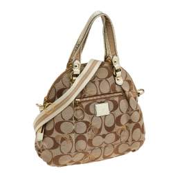 Pre Owned Coach Beige/Gold Leather And Signature Canvas Poppy Satchel