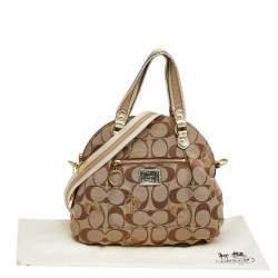 Pre Owned Coach Beige/Gold Leather And Signature Canvas Poppy Satchel
