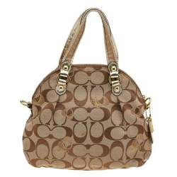 Pre Owned Coach Beige/Gold Leather And Signature Canvas Poppy Satchel