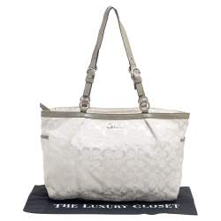 Pre Owned Coach Metallic Grey/Silver Signature Canvas and Patent Leather Tote