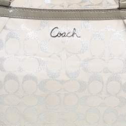 Pre Owned Coach Metallic Grey/Silver Signature Canvas and Patent Leather Tote