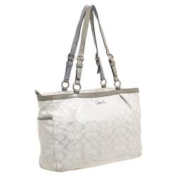 Pre Owned Coach Metallic Grey/Silver Signature Canvas and Patent Leather Tote