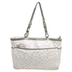 Pre Owned Coach Metallic Grey/Silver Signature Canvas and Patent Leather Tote