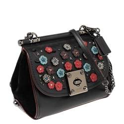 Pre Owned Coach Black Leather and Suede Willow Floral Applique Drifter Shoulder Bag