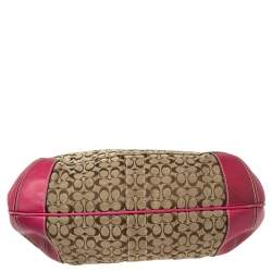 Pre Owned Coach Pink/Beige Signature Canvas and Leather Zip Hobo