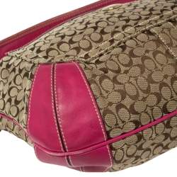 Pre Owned Coach Pink/Beige Signature Canvas and Leather Zip Hobo
