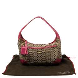 Pre Owned Coach Pink/Beige Signature Canvas and Leather Zip Hobo