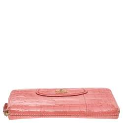 Coach Coral Pink Croc Embossed Leather Zip Around Wallet