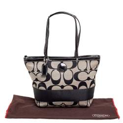 Coach Black/Grey Signature Canvas and Patent Leather Tote