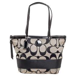Coach Black/Grey Signature Canvas and Patent Leather Tote