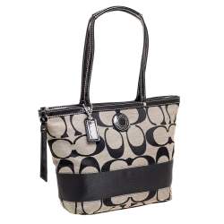 Coach Black/Grey Signature Canvas and Patent Leather Tote