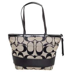 Coach Black/Grey Signature Canvas and Patent Leather Tote