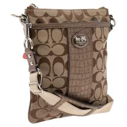 Coach Beige/Brown Signature Canvas and Croc Embossed Leather Swingpack Messenger Bag